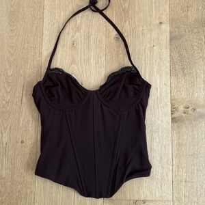 White Fox Corset Top Halter Neck Lace Trim Size S Brown